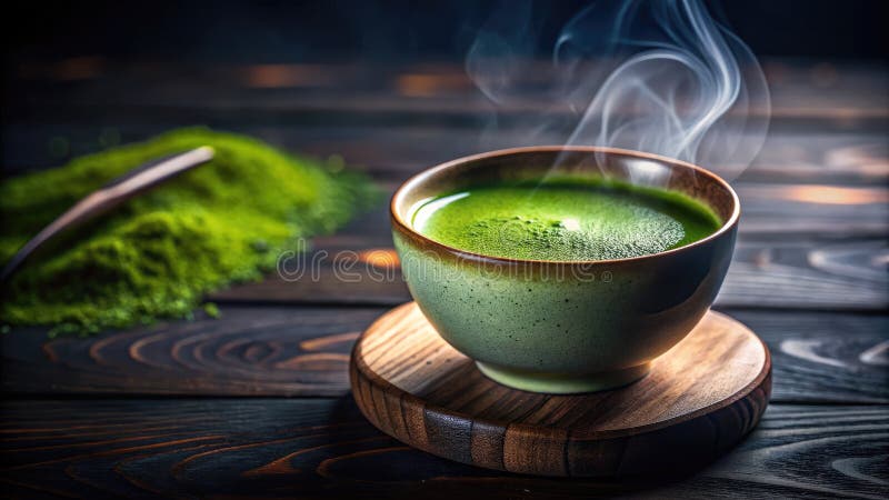 Eine ruhige Miniatur-Matcha Latte-Flitedshift auf dunklem Hintergrund, die das Wesen eines friedlichen Tees erahnen lässt stock abbildung