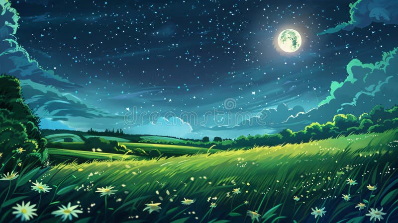 Eine ruhige und schöne digitale Illustration eines grünen Feldes unter einem Sternenhimmel mit Mondlicht über den Wiesen und schaf vektor abbildung