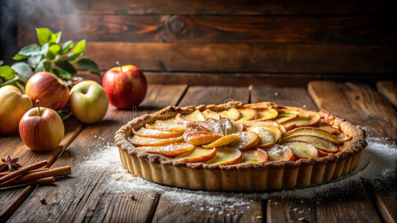 Eine rustikale Apfelkuchen mit goldener Perfektion zeigt süße Apfelscheiben und eine fleckige Kruste, die mit Zucker in Pulverform stock abbildung