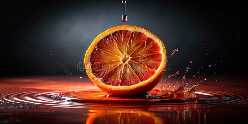 Eine saftige orangefarbene Hälfte fällt in einen Pool mit eigenem lebhaften Saft und schafft so einen faszinierenden Splash- und R lizenzfreie abbildung