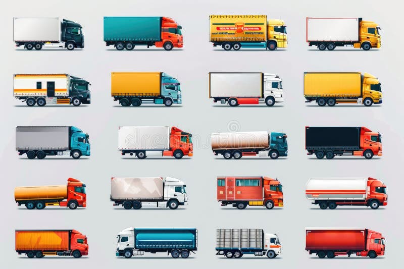 Eine Sammlung farbenfroher LKWs auf weißem Hintergrund, ideal für Illustrationen oder Designelemente vektor abbildung