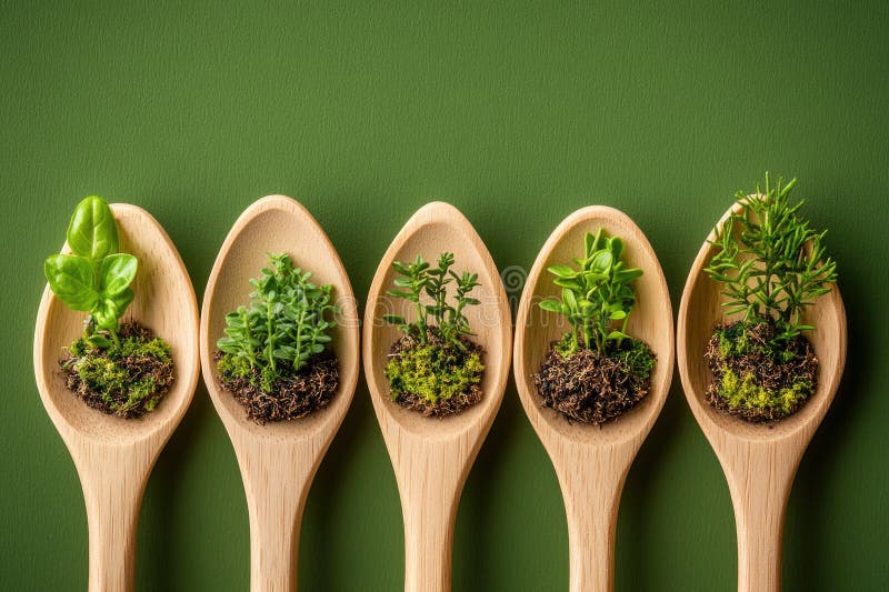 Eine Sammlung von Holzlöffeln mit verschiedenen Pflanzen, perfekt für einen rustikalen oder böhmischen Rahmen lizenzfreies stockbild