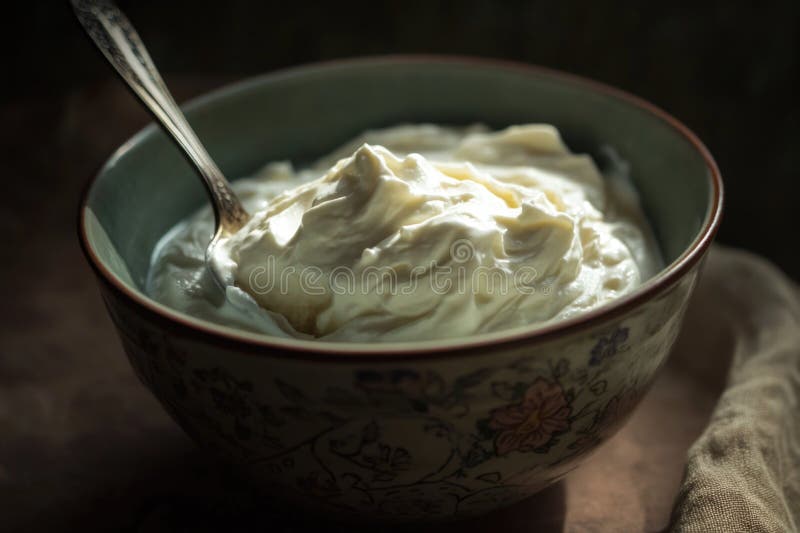 Eine Schale Jogurt mit Löffel in der Nähe stock abbildung