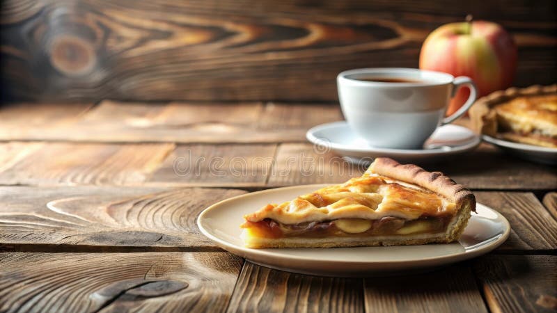 Eine Scheibe warmen Apfelkuchens auf einem rustikalen Holztisch mit einer Tasse Kaffee und einem ganzen Apfel im Hintergrund. Gene stock abbildung