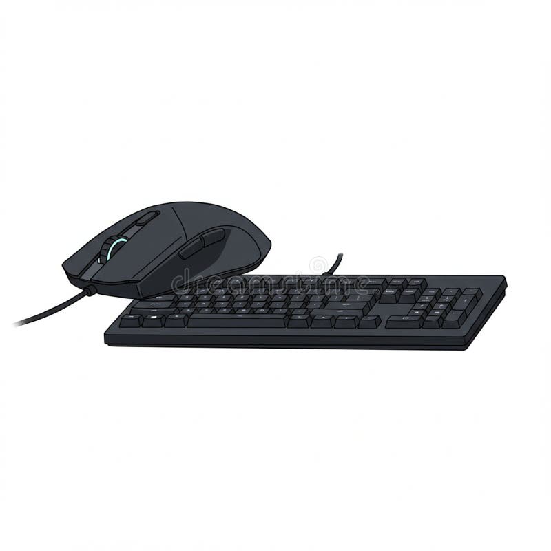 Eine schwarz verkabelte Computertastatur wird mit einer schwarzen Computermaus kombiniert, die in einem einfachen grafischen Stil dargestellt ist. Die Tastatur verfügt über Standardtasten, darunter ein numerisches Tastenfeld rechts. Die Maus hat ein Scrollrad und zwei Haupttasten mit ergonomischen Konturen für den Benutzer Komfort. Beide Geräte sind vor einem schlichten weißen Hintergrund ausgerichtet, um eine klare Sichtbarkeit zu gewährleisten, die ihr Design und ihre Funktion für die Computerinteraktion unterstreicht.