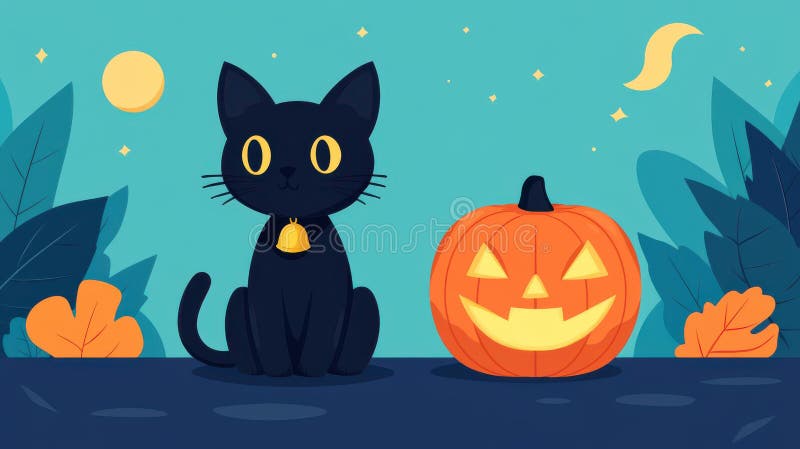 Eine schwarze Katze mit goldener Glocke sitzt neben einem glühenden Jackolantern und schafft so eine magische Halloween-Nachtszene stock abbildung