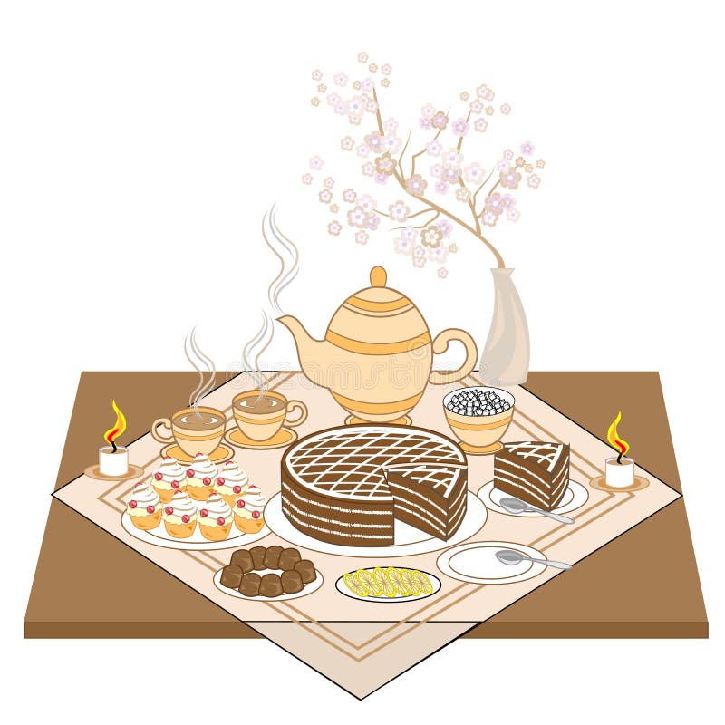 Eine schön verzierte festliche Tabelle durch Kerzenlicht Wohlriechender heißer Tee mit Kuchen, vorzüglichen Plätzchen und Praline vektor abbildung Eine schön verzierte festliche Tabelle durch Kerzenlicht Wohlriechender heißer Tee mit Kuchen, vorzüglichen Plätzchen und Praline vektor abbildung