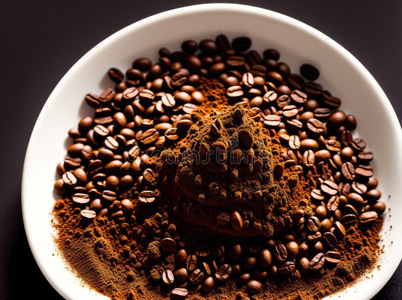 The image shows a bowl filled with coffee beans, with some of them spilled out onto the sides. AI generated. The image shows a bowl filled with coffee beans, with some of them spilled out onto the sides. AI generated