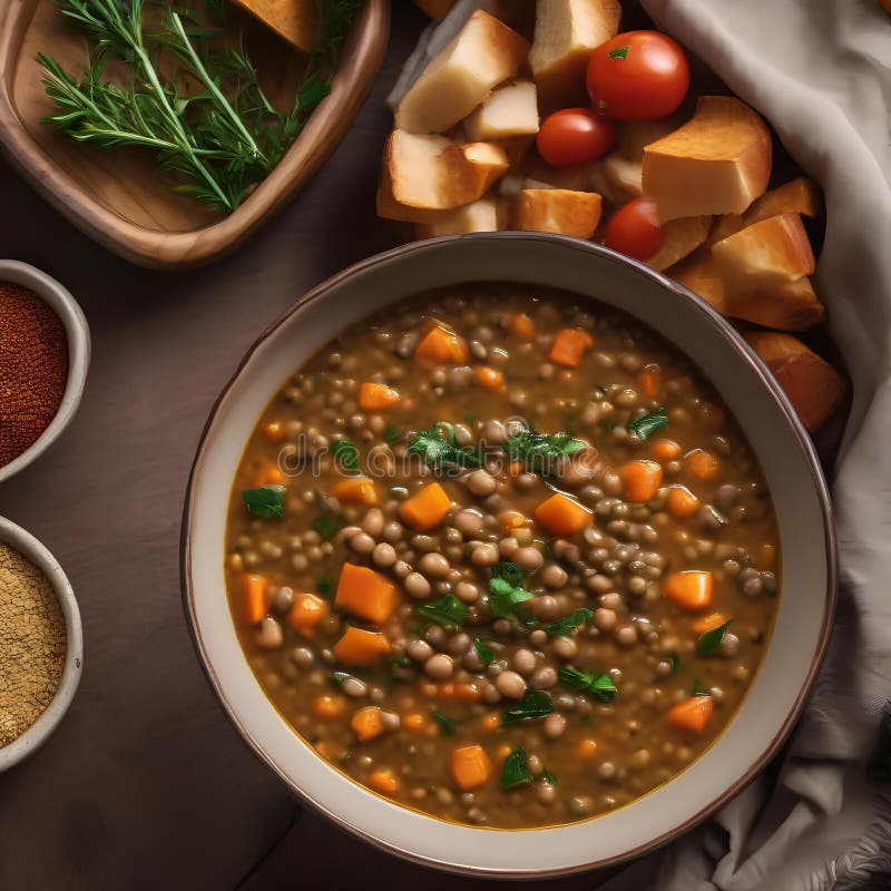 Eine Schüssel herzhafter Linsensuppe mit einem Schwirl Olivenöl4 vektor abbildung
