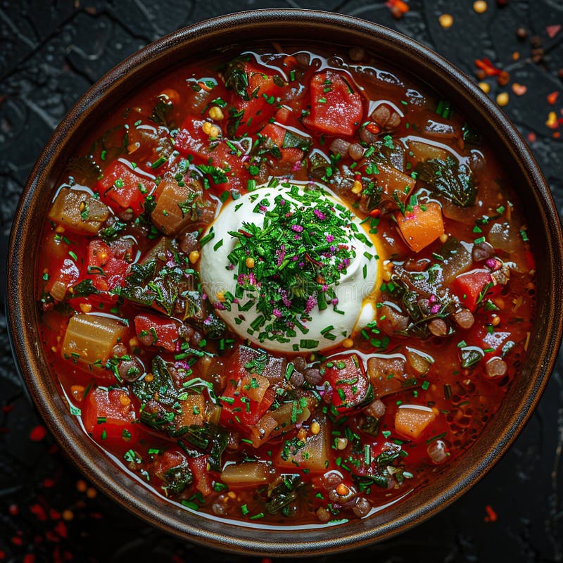 Eine Schüssel herzhafter Linsensuppe mit frischen Kräutern und einem Dollop Sahne lizenzfreie abbildung