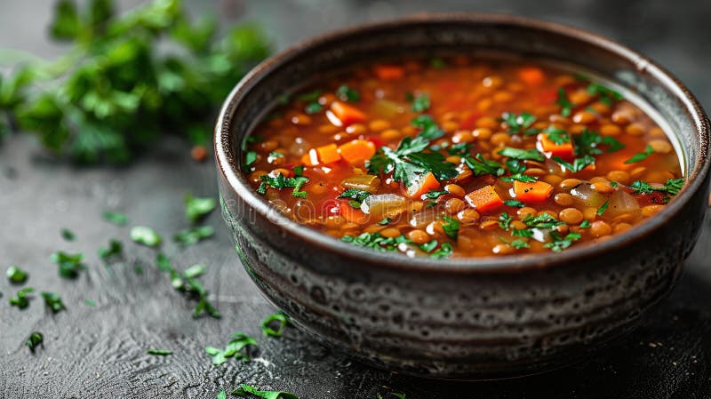 Eine Schüssel herzhafter Linsensuppe mit Gemüse und Petersilie auf rustikalem Hintergrund stock abbildung