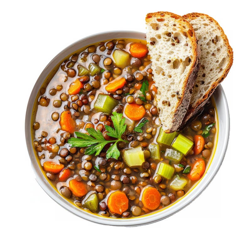 Eine Schüssel herzhafter Linsensuppe mit Karotten und Sellerie serviert mit krustem Brot auf weißem Hintergrund lizenzfreie abbildung