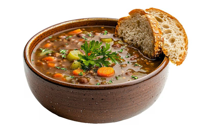 Eine Schüssel herzhafter Linsensuppe mit Karotten und Sellerie serviert mit krustem Brot auf weißem Hintergrund vektor abbildung