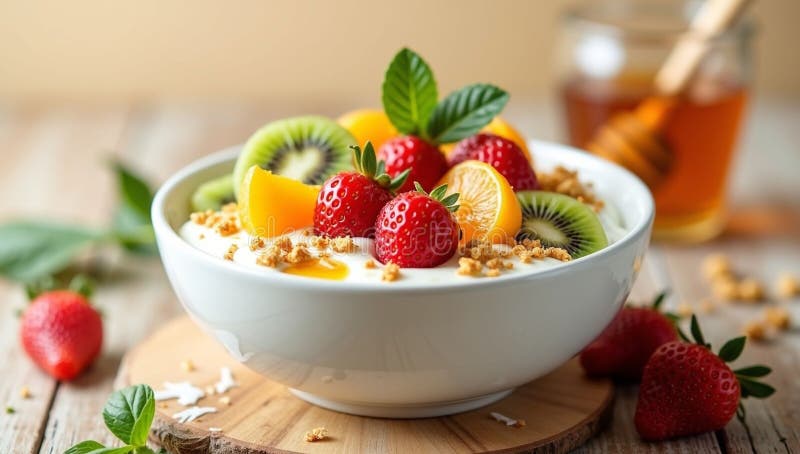 Eine Schüssel Jogurt mit frischem Obst und Granola auf einer Holzfläche neben einer Honigdose stock abbildung