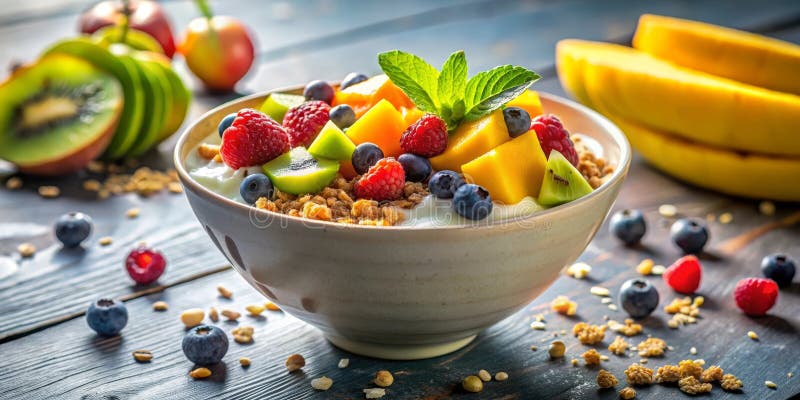 Eine Schüssel Jogurt mit Granola und frisches Obst für ein gesundes Frühstück. Generative AI vektor abbildung