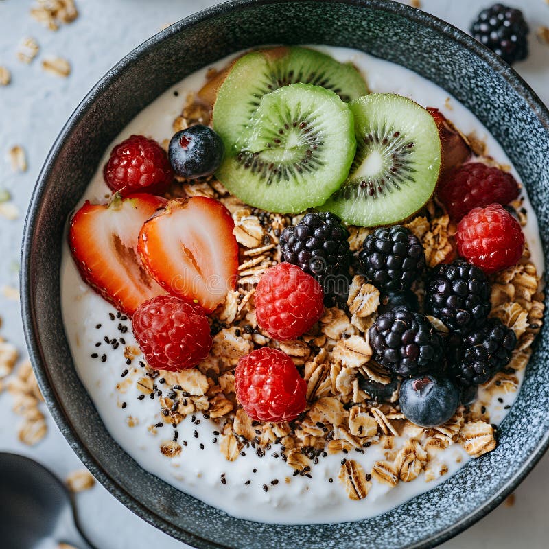 Eine Schüssel mit Jogurt Granola und frischem Obst vektor abbildung
