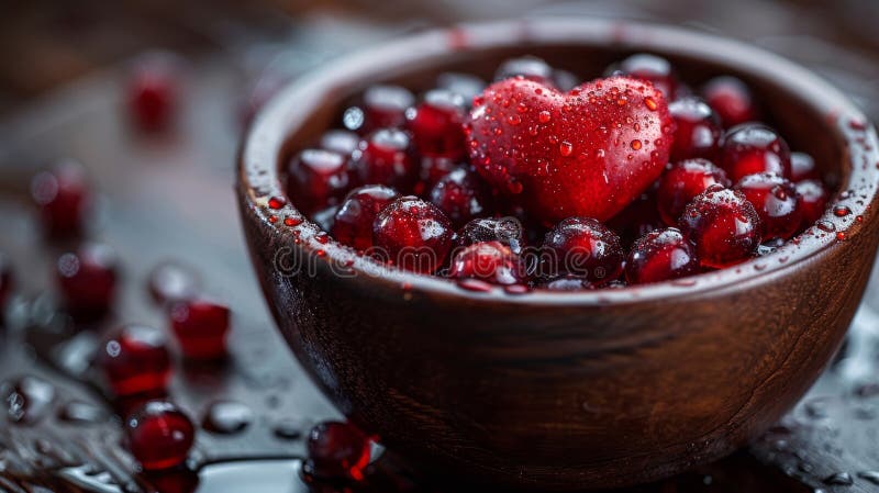 Eine Schüssel mit roten Beeren mit einem herzförmigen Granatapfel darin ai stockfotos
