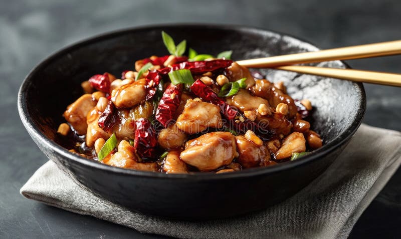 Eine Schüssel mit würzigem Huhn mit Stäbchen lizenzfreie abbildung