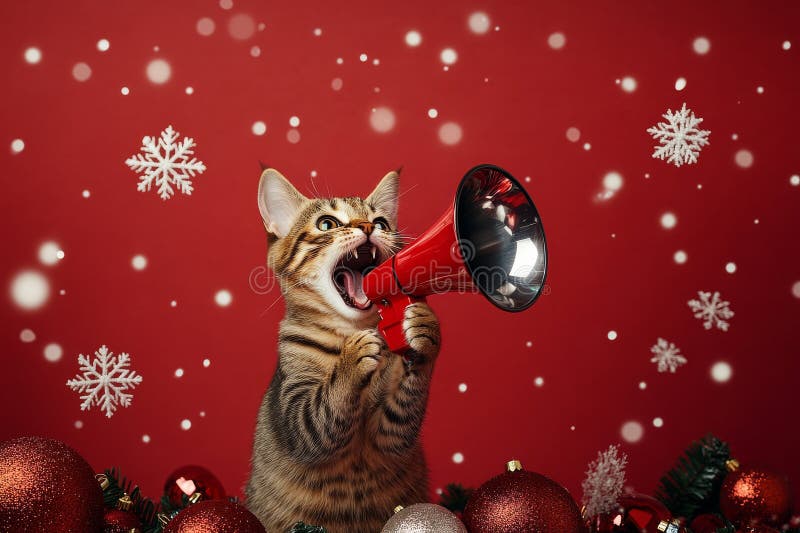 Eine spielerische Katze, die ein Megaphon inmitten von Schneeflocken und Ornamenten hält, die ihren Feiertag ankündigen lizenzfreies stockbild