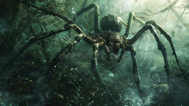Eine Spinne schleicht sich schweigend über ihr Netz und stalkt die ahnungslose Beute, die in ihren Fäden gefangen wurde lizenzfreie abbildung