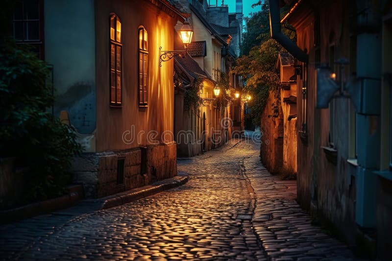 A city street made of cobblestones illuminated by streetlights during the evening, A charming cobblestone street in an old European city, lit by soft lanterns, AI Generated. A city street made of cobblestones illuminated by streetlights during the evening, A charming cobblestone street in an old European city, lit by soft lanterns, AI Generated.
