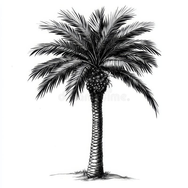 Eine stylisierte Schwarz-Weiß-Zeichnung einer weißen Palme. Eine detaillierte Schwarz-Weiß-Zeichnung einer Palme, die deutlich auf einem sauberen weißen Hintergrund platziert ist und ihre elegante Form und die von AI generierten Features zeigt