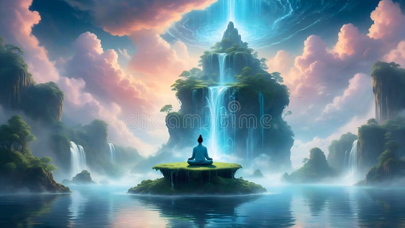 Eine surreale Szene einer Person, die auf einer Insel meditiert, umgeben von einem massiven Wasserfall und flauschigen Wolken, die stockfoto