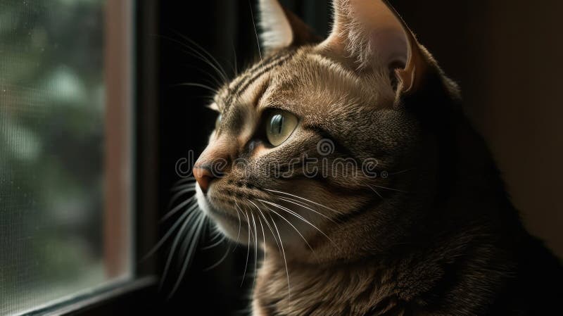 Eine Tabby-Katze, die aus einem Fenster blickt, das mit generativer ai erstellt wurde stock abbildung