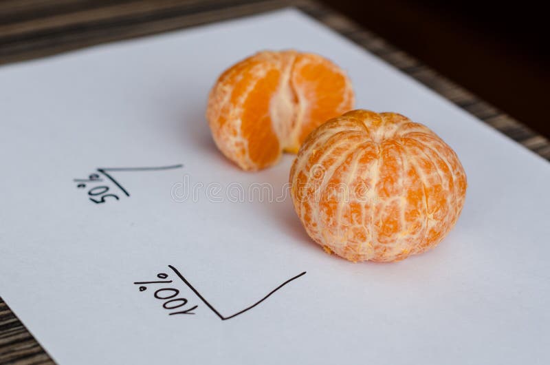 Eine Tangerine mit Prozenten stockbild Eine Tangerine mit Prozenten stockbild