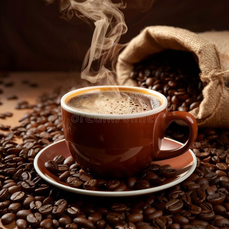 Eine Tasse frisch gebrühten Kaffee auf einem Bett aus Kaffeebohnen, die aus einem Sack verschüttet wurden vektor abbildung