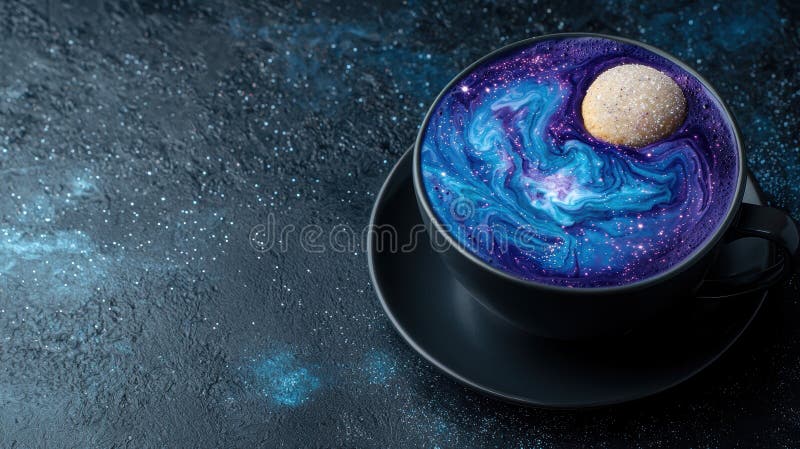 Eine Tasse Galaxie Latte Art mit einem Keks. stock abbildung