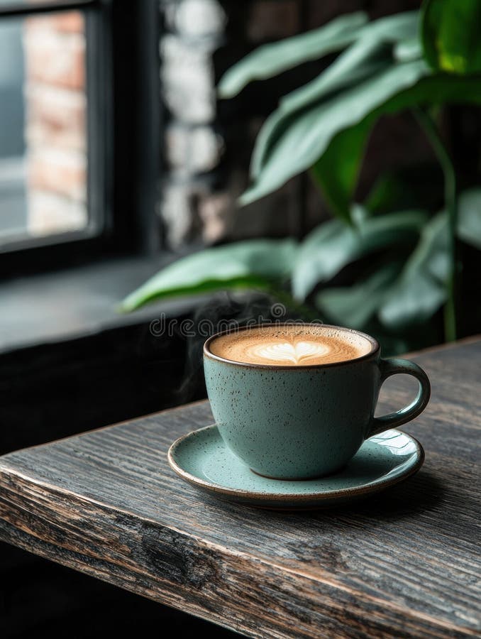 Eine Tasse Kaffee mit Latte Art auf einem Holztisch. stock abbildung