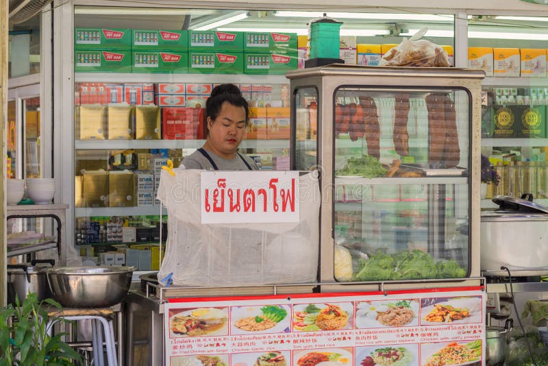 Eine thailändische Frau kochte Nahrung in einem kleinen beweglichen Restaurant stockbild Eine thailändische Frau kochte Nahrung in einem kleinen beweglichen Restaurant stockbild