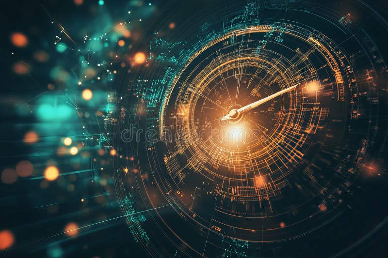Eine Uhr mit leuchtender orangefarbener Leitung. Die Uhr ist von einem bunten Hintergrund umgeben. Generative AI