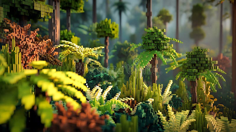 Eine verpixelte Szene, die an einen digitalen Wald erinnert, der blockartige Bäume und lizenzfreie abbildung