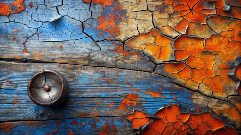 Eine verwitterte Holzfläche zeigt ein faszinierendes Zusammenspiel von lebhaften orangefarbenen und verblassten blauen Farben, der stock abbildung