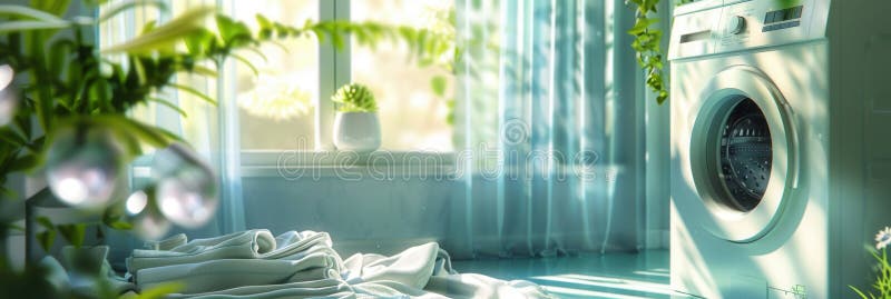 Eine Waschmaschine liegt neben einem Haufen fein gefalteter, sauberer Wäsche in einem sonnenbeleuchteten Raum. generative Hilfe stockfotos