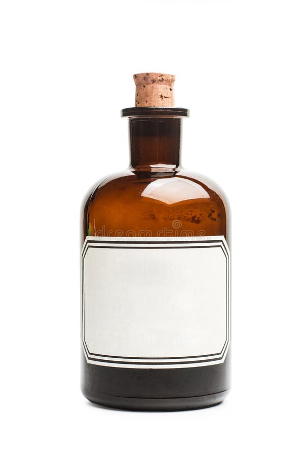 Eine Weinleseapothekenflasche mit einem Korken und einem weißen Aufkleber lizenzfreie stockfotos Eine Weinleseapothekenflasche mit einem Korken und einem weißen Aufkleber lizenzfreie stockfotos