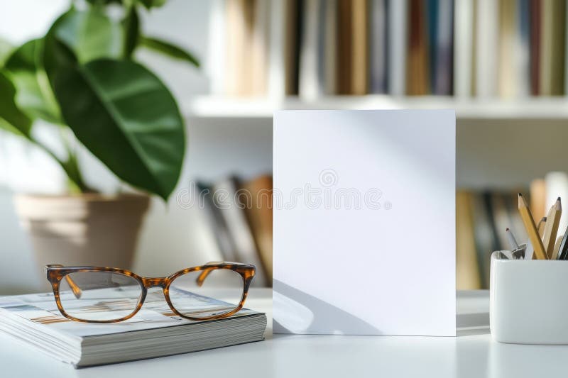 Eine weiße Karte sitzt neben einer Brille und einem Buch auf einem Tisch lizenzfreie abbildung