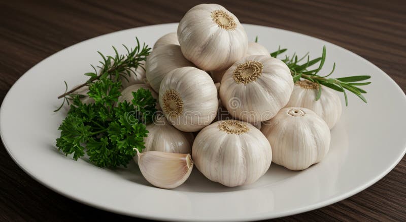 Eine weiße Platte auf einer dunklen Holzoberfläche enthält mehrere Knoblauchzwiebeln Allium sativum lizenzfreie abbildung