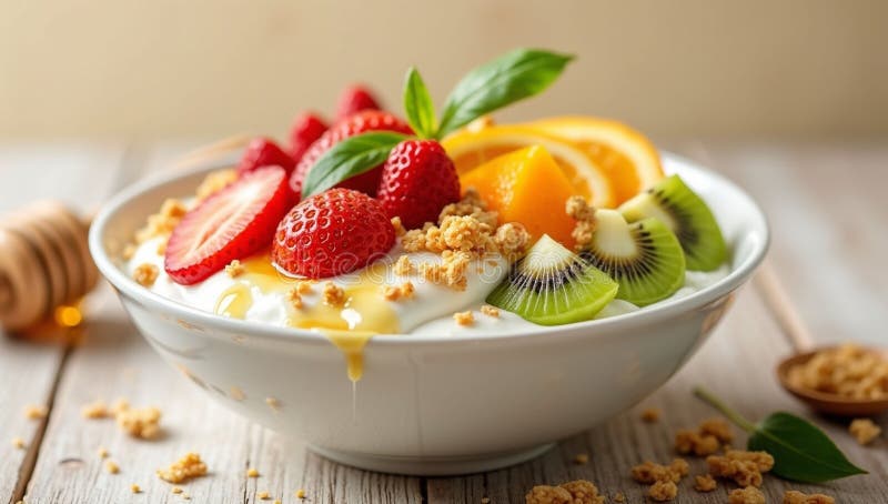Eine weiße Schüssel gefüllt mit Jogurt Granola Erdbeeren Kiwi und orange Scheiben mit Honig getränkt stock abbildung