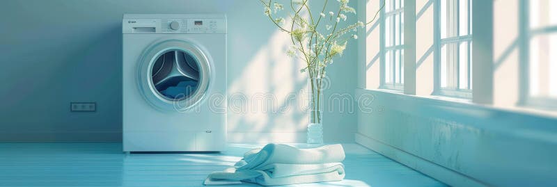 Eine weiße Waschmaschine sitzt in einem sonnigen Badezimmer mit einem Stapel sauberer Wäsche, die schön im Vordergrund gefaltet is stockfotografie