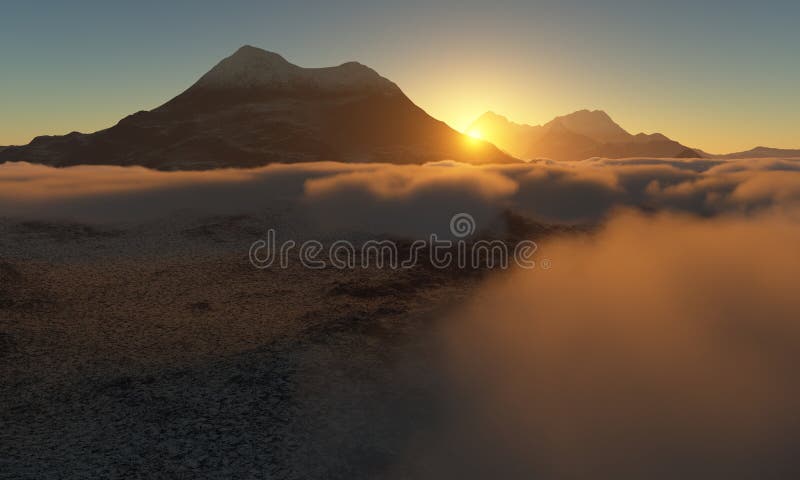 Ice age. Icy wasteland of the clouds in the sky, 3D render. Ice age. Icy wasteland of the clouds in the sky, 3D render