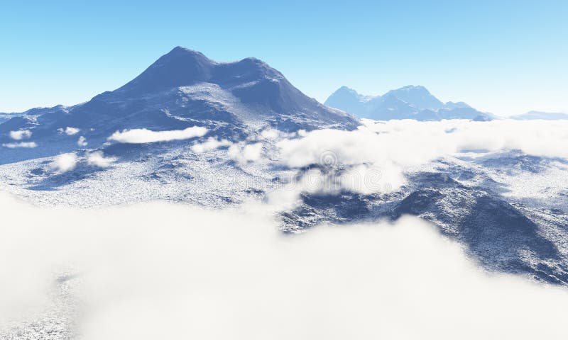 Ice age. Icy wasteland of the clouds in the sky, 3D render. Ice age. Icy wasteland of the clouds in the sky, 3D render