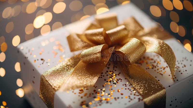 Eine wunderschön verpackte luxuriöse Geschenkbox mit goldenem Band und glitzerndem Hintergrund stockfoto