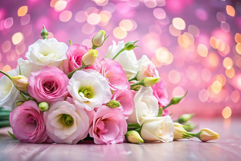 Eine zarte Anordnung von weißen und rosa Eustoma Blumen Ein schönes Bouquet mit Bokeh Hintergrund für Einladungen lizenzfreie abbildung