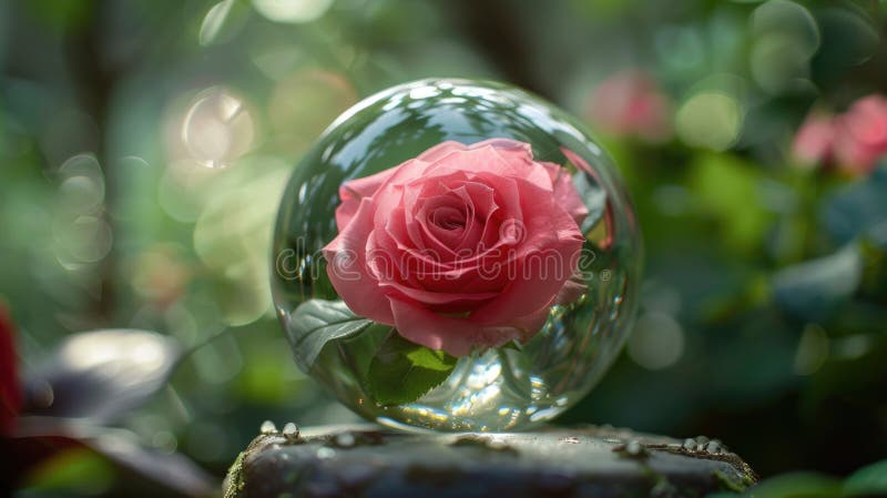 Eine zarte Rose, umgeben von einer Glaskugel auf einem Baumstumpf. ideal für Natur- und Schönheitskonzepte stockbild