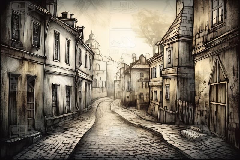 a drawing of a city street with buildings and cobblestones . a drawing of a city street with buildings and cobblestones .