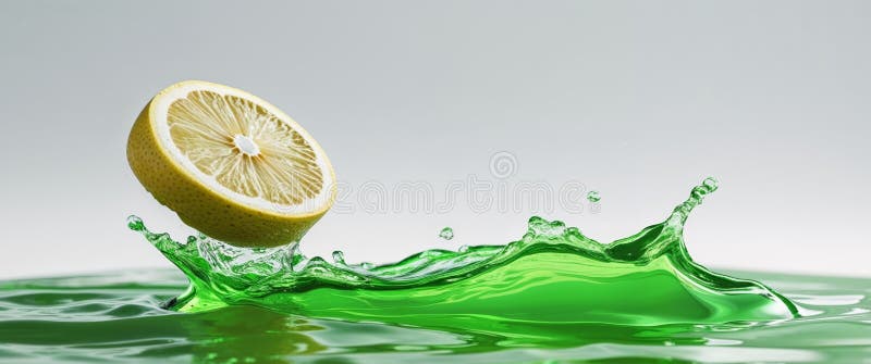 Eine Zitronenscheibe, die in eine grüne Flüssigkeit fällt stockfoto
