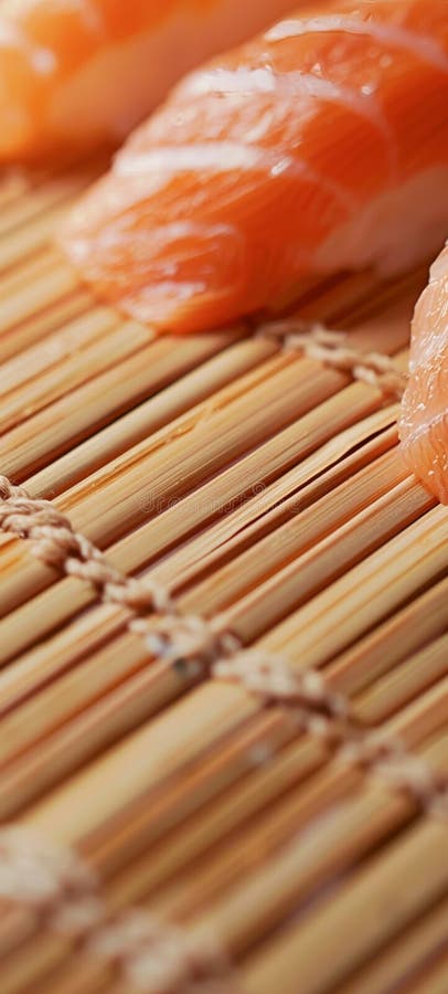 Eine Zusammenstellung von kunstvoll gefertigten Sushi-Stücken mit Schwerpunkt auf Textur und Farbe auf traditioneller Bambusmatte vektor abbildung